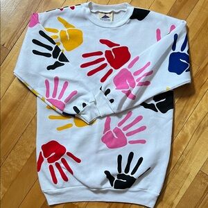 Kids White Crewneck Sweatshirt with Multicolor Handprint Design
